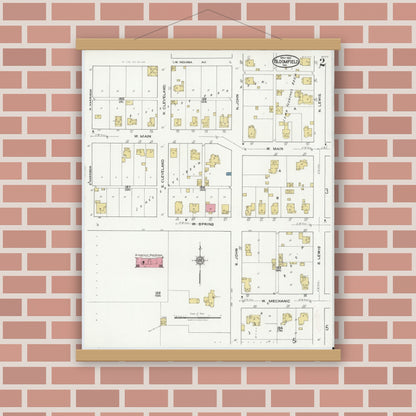 Old map wall art mockup — magnetic wood frame on brick wall — Sanborn Fire Insurance Map from Bloomfield, Greene County, Indiana (1921), Sheet #0002