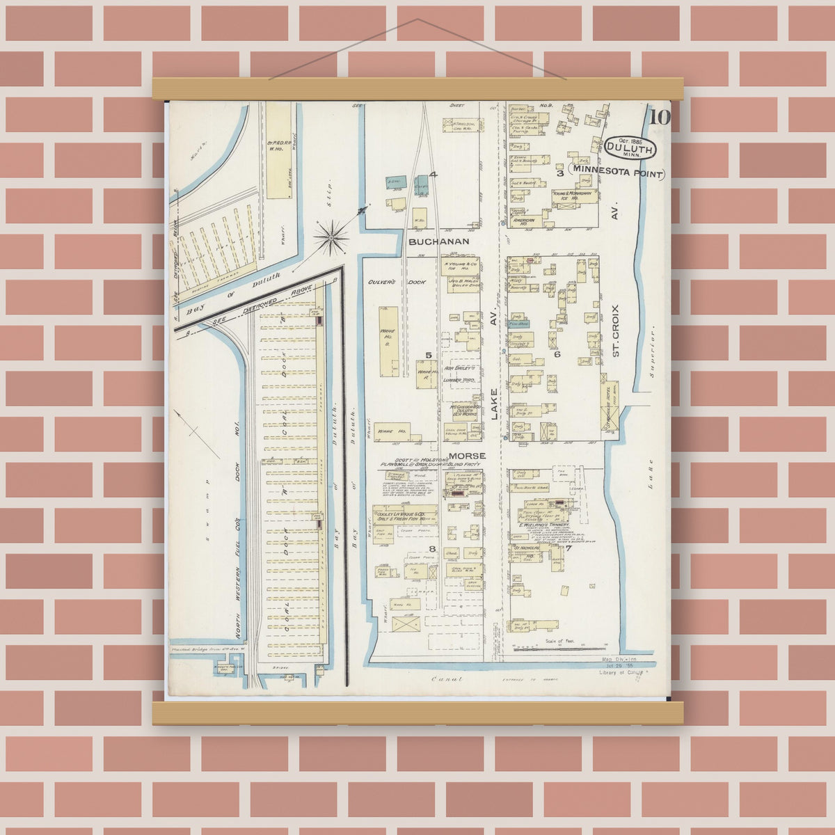 Old map wall art mockup — magnetic wood frame on brick wall — Sanborn Fire Insurance Map from Duluth, Saint Louis County, Minnesota (1885), Sheet #0010