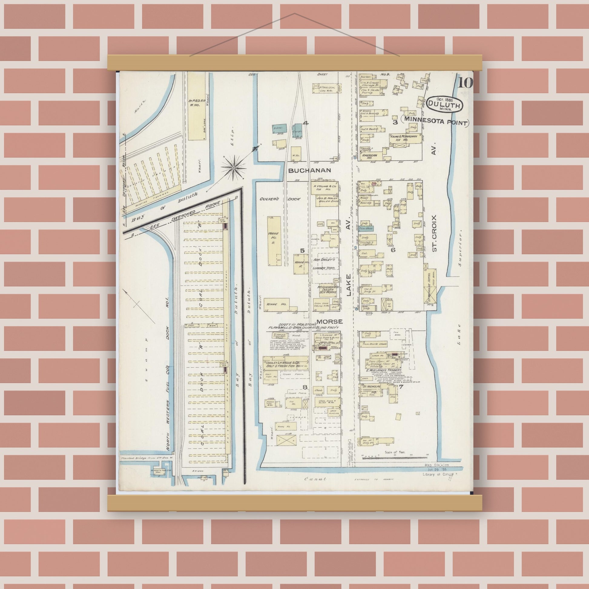 Old map wall art mockup — magnetic wood frame on brick wall — Sanborn Fire Insurance Map from Duluth, Saint Louis County, Minnesota (1885), Sheet #0010