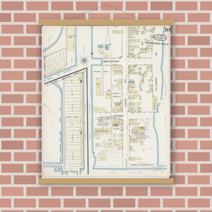 Old map wall art mockup — magnetic wood frame on brick wall — Sanborn Fire Insurance Map from Duluth, Saint Louis County, Minnesota (1885), Sheet #0010