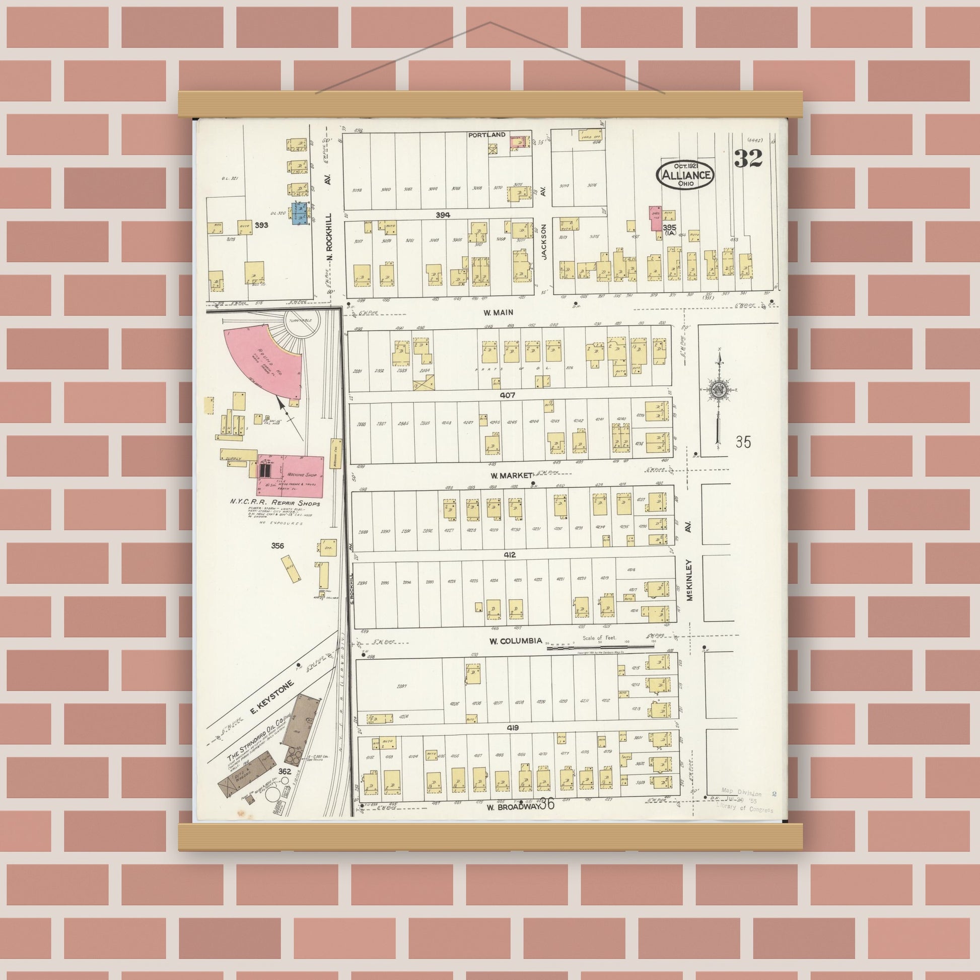 Old map wall art mockup — magnetic wood frame on brick wall — Sanborn Fire Insurance Map from Alliance, Stark County, Ohio (1921), Sheet #0032