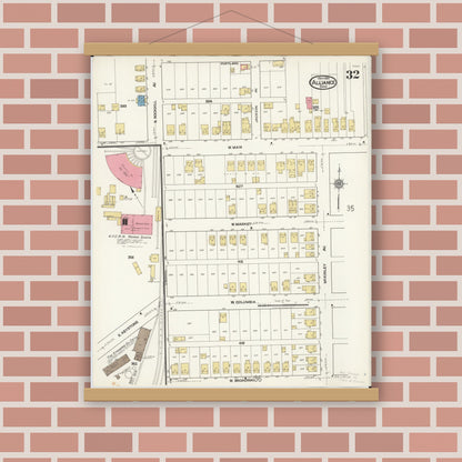 Old map wall art mockup — magnetic wood frame on brick wall — Sanborn Fire Insurance Map from Alliance, Stark County, Ohio (1921), Sheet #0032