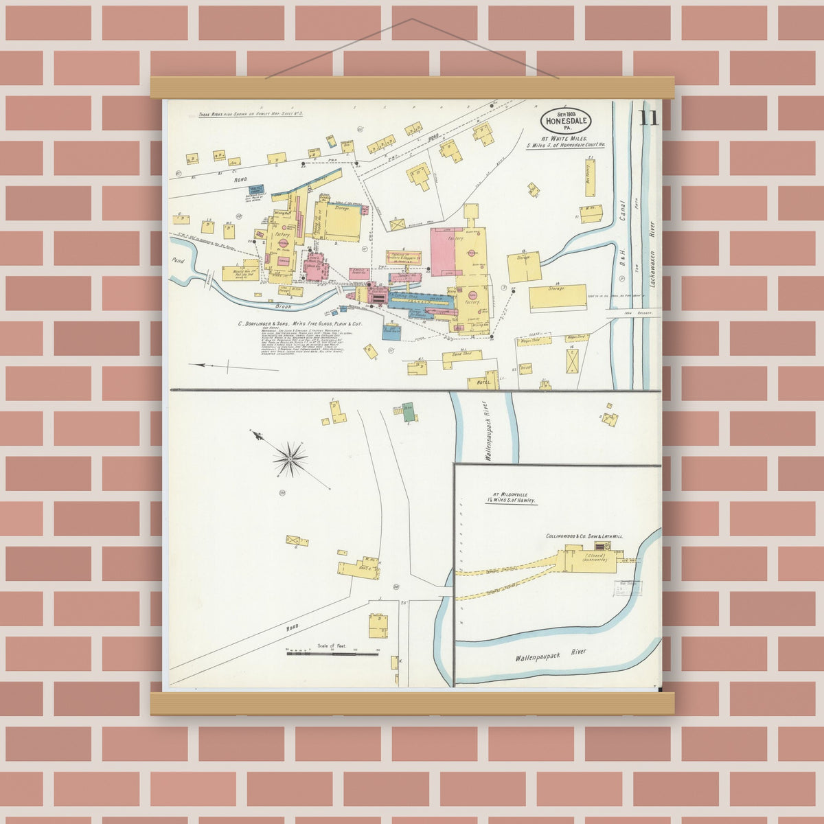 Old map wall art mockup — magnetic wood frame on brick wall — Sanborn Fire Insurance Map from Honesdale, Wayne County, Pennsylvania (1903), Sheet #0011