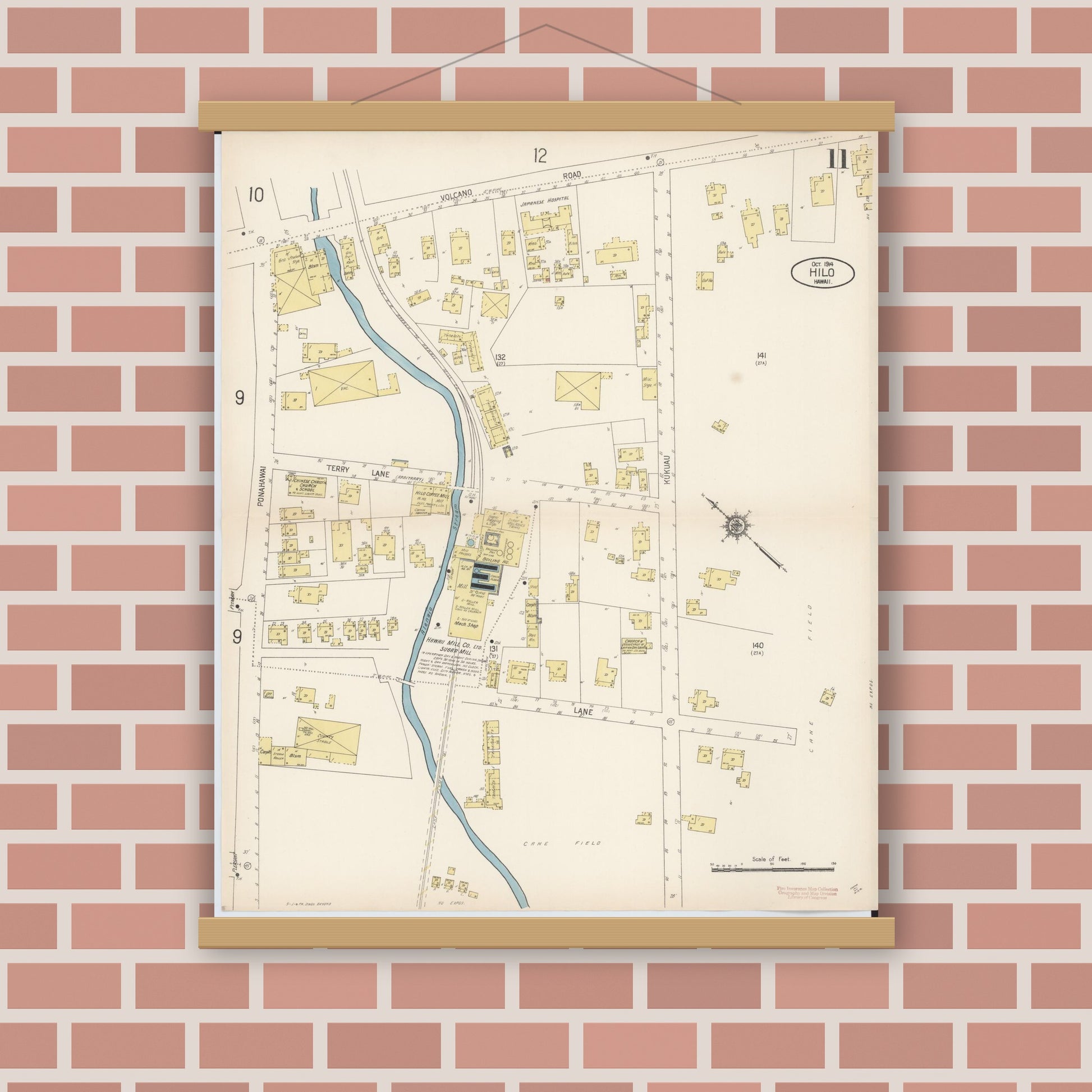 Old map wall art mockup — magnetic wood frame on brick wall — Sanborn Fire Insurance Map from Hilo, Hawaii County, Hawaii (1914), Sheet #0011