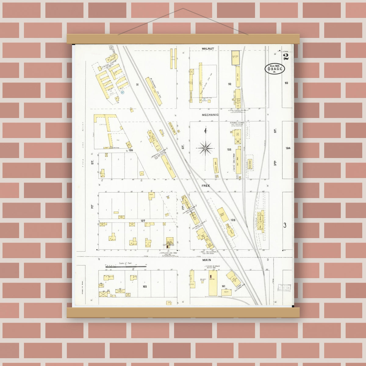 Old map wall art mockup — magnetic wood frame on brick wall — Sanborn Fire Insurance Map from Osage, Mitchell County, Iowa (1905), Sheet #0002