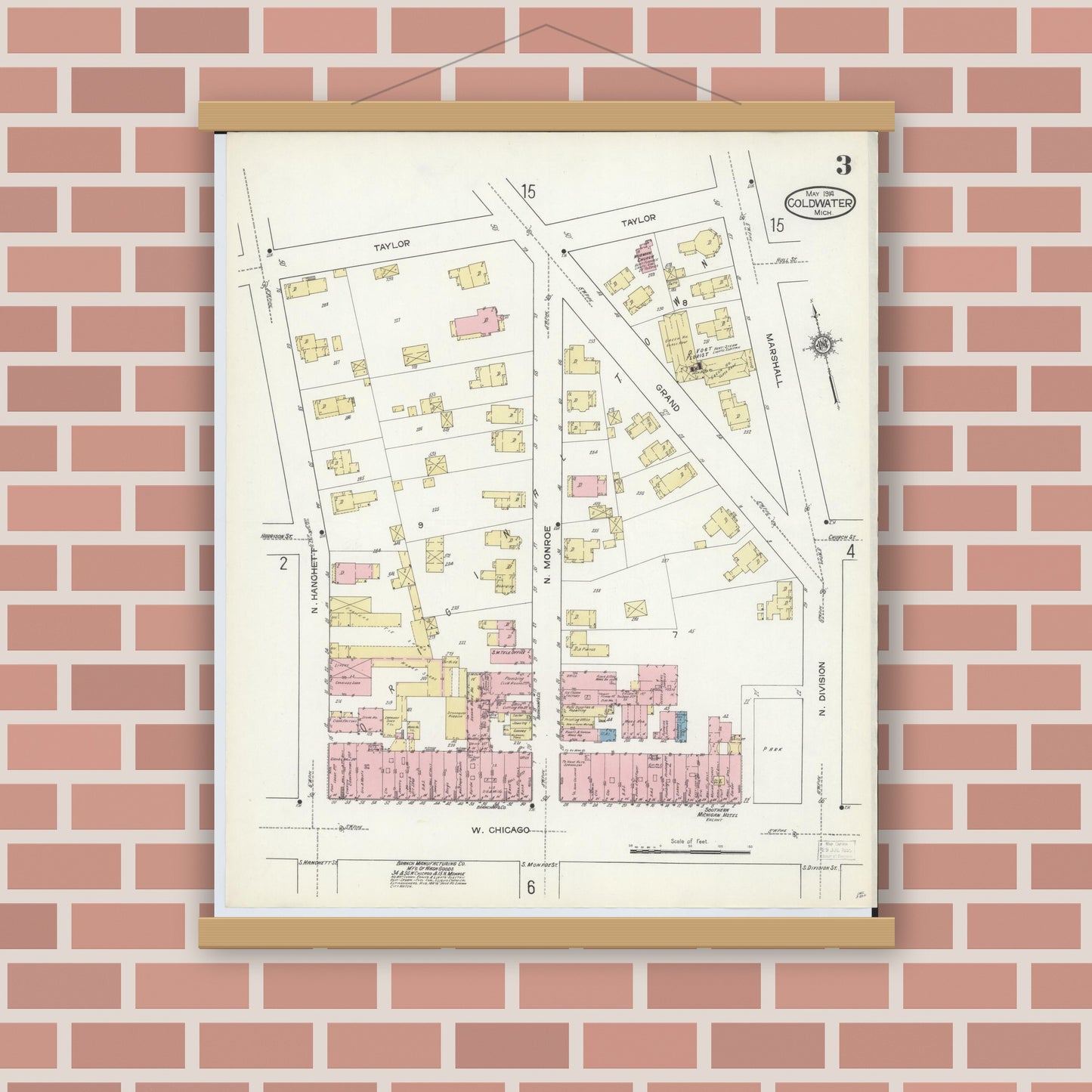 Old map wall art mockup — magnetic wood frame on brick wall — Sanborn Fire Insurance Map from Coldwater, Branch County, Michigan (1914), Sheet #0003