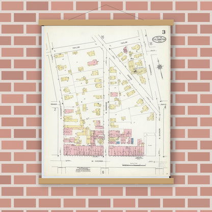 Old map wall art mockup — magnetic wood frame on brick wall — Sanborn Fire Insurance Map from Coldwater, Branch County, Michigan (1914), Sheet #0003