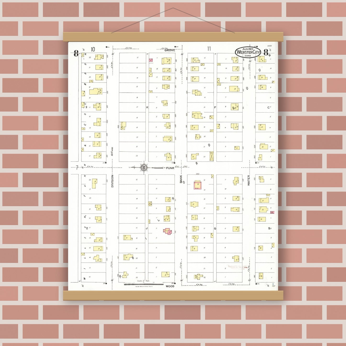 Old map wall art mockup — magnetic wood frame on brick wall — Sanborn Fire Insurance Map from Webster City, Hamilton County, Iowa (1923), Sheet #0008