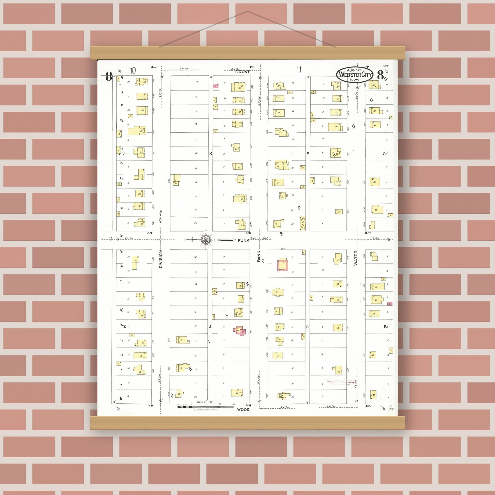 Old map wall art mockup — magnetic wood frame on brick wall — Sanborn Fire Insurance Map from Webster City, Hamilton County, Iowa (1923), Sheet #0008