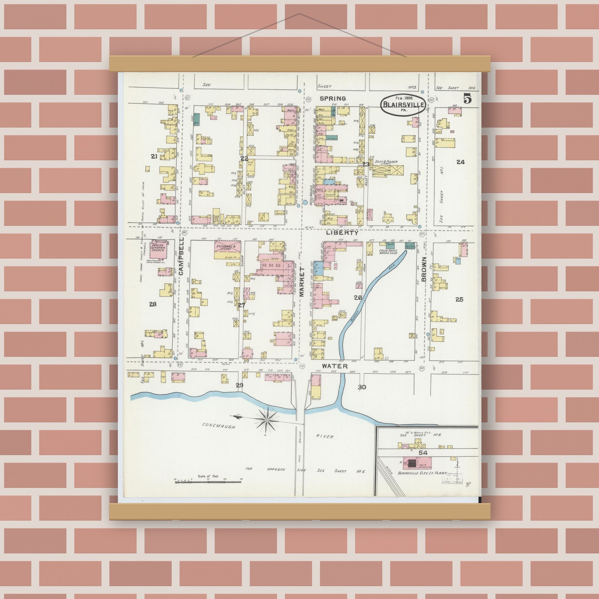 Old map wall art mockup — magnetic wood frame on brick wall — Sanborn Fire Insurance Map from Blairsville, Indiana County, Pennsylvania (1892), Sheet #0005