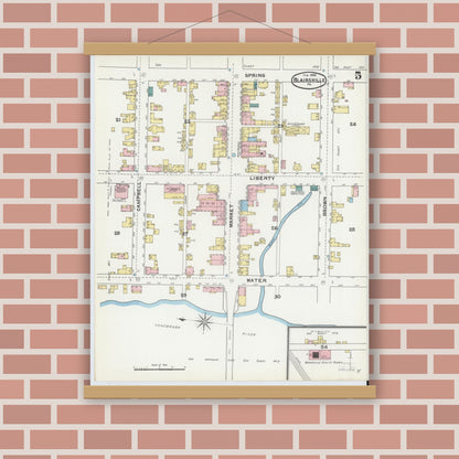 Old map wall art mockup — magnetic wood frame on brick wall — Sanborn Fire Insurance Map from Blairsville, Indiana County, Pennsylvania (1892), Sheet #0005