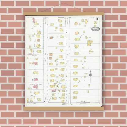 Old map wall art mockup — magnetic wood frame on brick wall — Sanborn Fire Insurance Map from Charleston, Coles County, Illinois (1919), Sheet #0011
