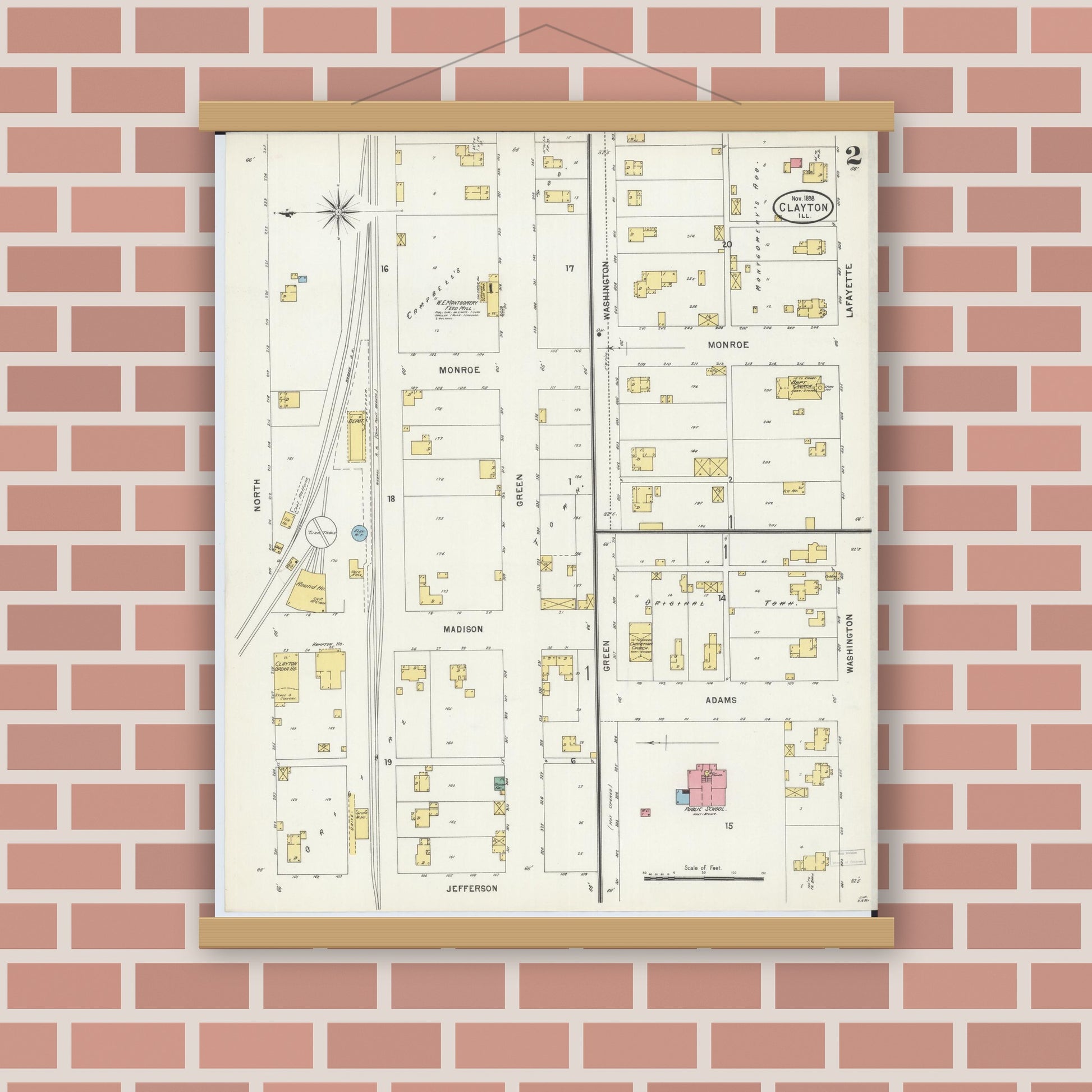 Old map wall art mockup — magnetic wood frame on brick wall — Sanborn Fire Insurance Map from Clayton, Adams County, Illinois (1898), Sheet #0002