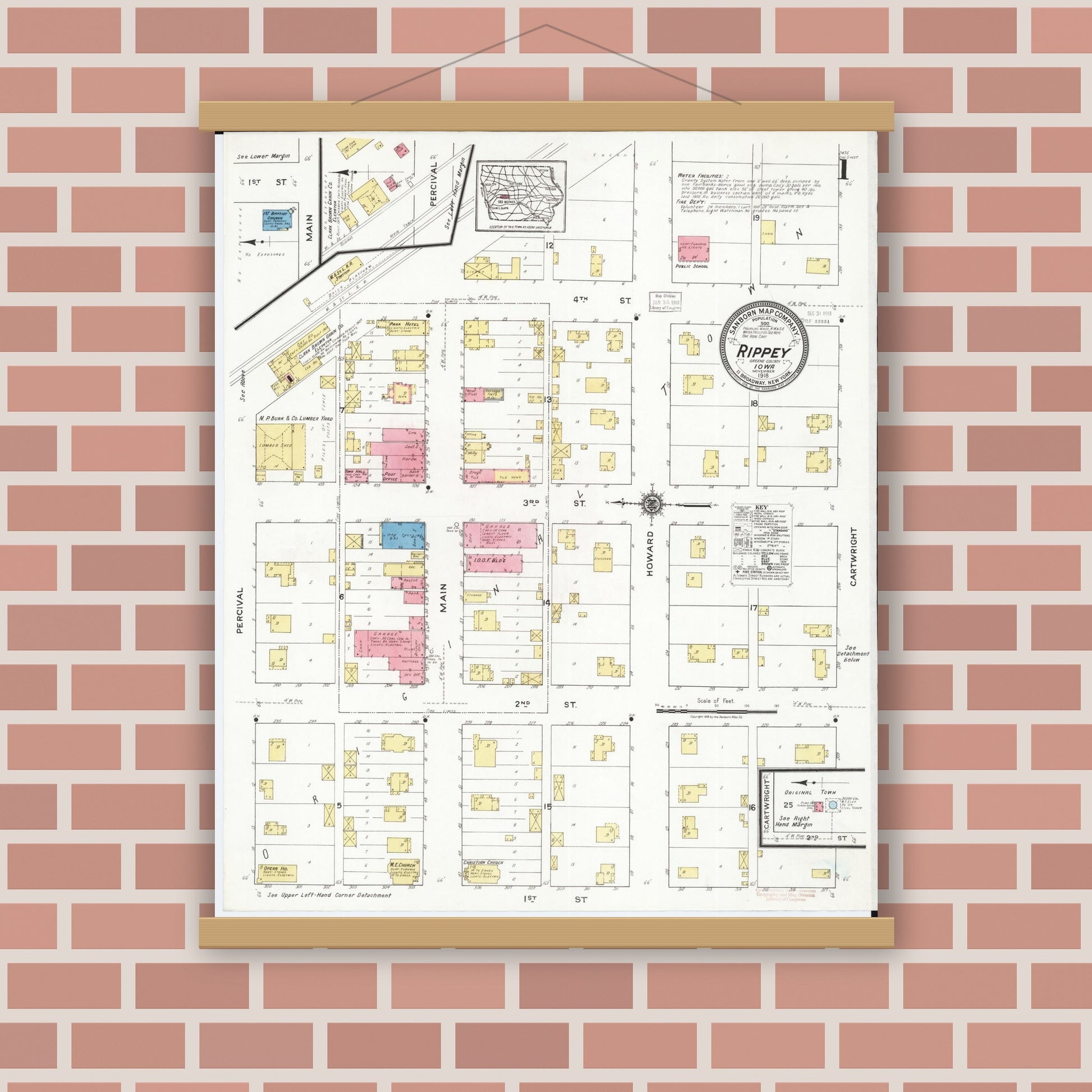 Old map wall art mockup — magnetic wood frame on brick wall — Sanborn Fire Insurance Map from Rippey, Greene County, Iowa (1918), Sheet #0001