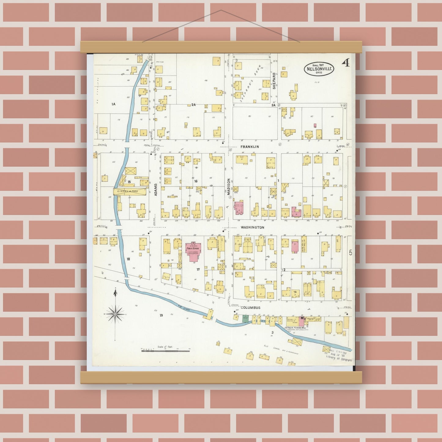 Old map wall art mockup — magnetic wood frame on brick wall — Sanborn Fire Insurance Map from Nelsonville, Athens County, Ohio (1907), Sheet #0004