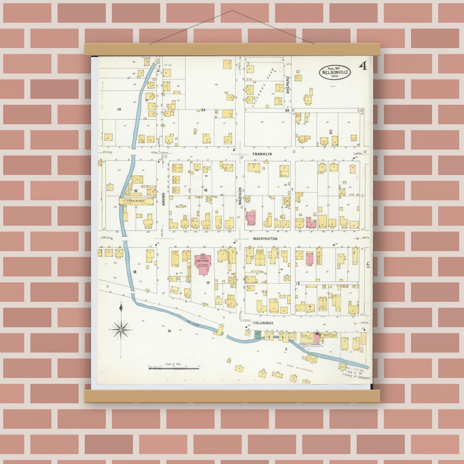 Old map wall art mockup — magnetic wood frame on brick wall — Sanborn Fire Insurance Map from Nelsonville, Athens County, Ohio (1907), Sheet #0004