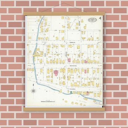 Old map wall art mockup — magnetic wood frame on brick wall — Sanborn Fire Insurance Map from Nelsonville, Athens County, Ohio (1907), Sheet #0004