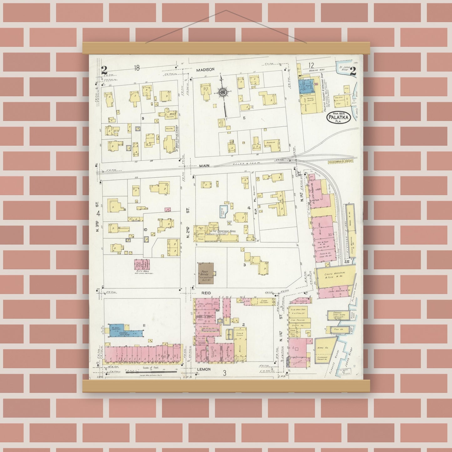 Old map wall art mockup — magnetic wood frame on brick wall — Sanborn Fire Insurance Map from Palatka, Putnam County, Florida (1924), Sheet #0002