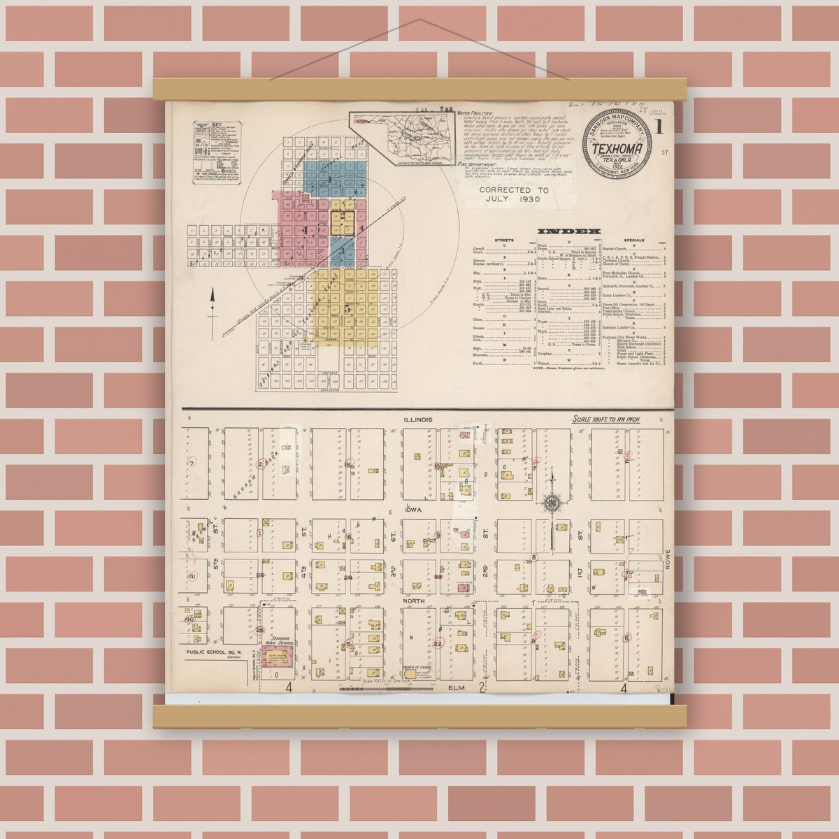 Old map wall art mockup — magnetic wood frame on brick wall — Sanborn Fire Insurance Map from Texhoma, Texas County, Oklahoma and Sherman County, Texas, Texas (1930) - Complete Map Set