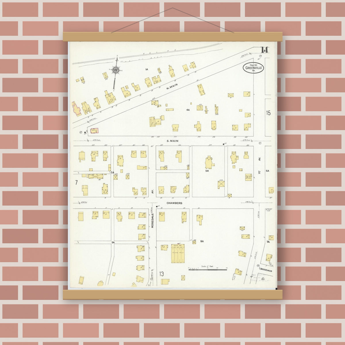 Old map wall art mockup — magnetic wood frame on brick wall — Sanborn Fire Insurance Map from Greenville, Mercer County, Pennsylvania (1911), Sheet #0014