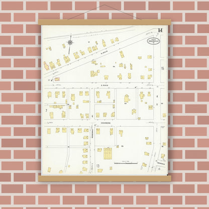 Old map wall art mockup — magnetic wood frame on brick wall — Sanborn Fire Insurance Map from Greenville, Mercer County, Pennsylvania (1911), Sheet #0014