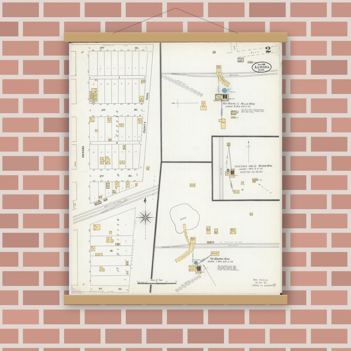 Old map wall art mockup — magnetic wood frame on brick wall — Sanborn Fire Insurance Map from Aurora, Saint Louis County, Minnesota (1906), Sheet #0002