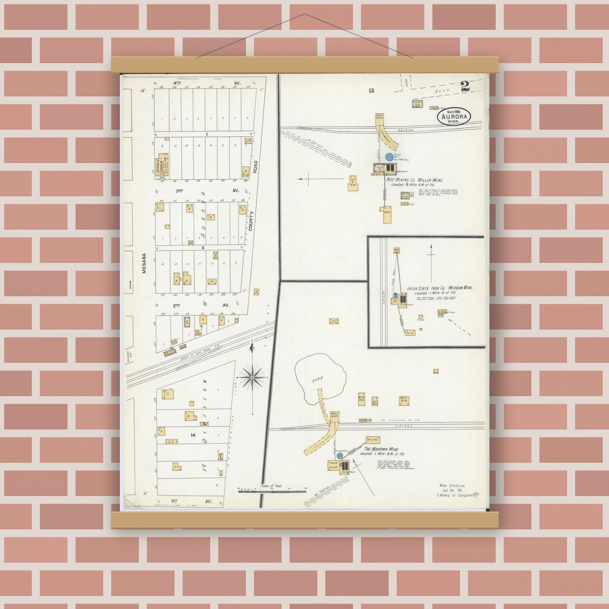 Old map wall art mockup — magnetic wood frame on brick wall — Sanborn Fire Insurance Map from Aurora, Saint Louis County, Minnesota (1906), Sheet #0002