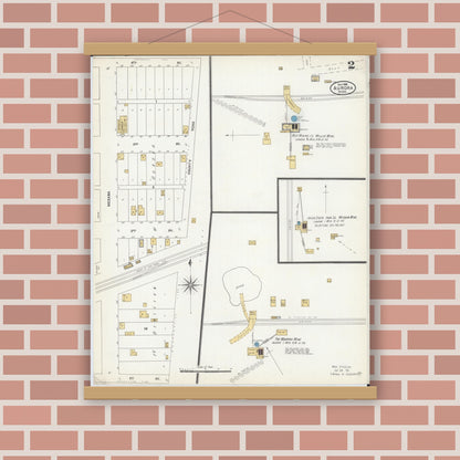 Old map wall art mockup — magnetic wood frame on brick wall — Sanborn Fire Insurance Map from Aurora, Saint Louis County, Minnesota (1906), Sheet #0002