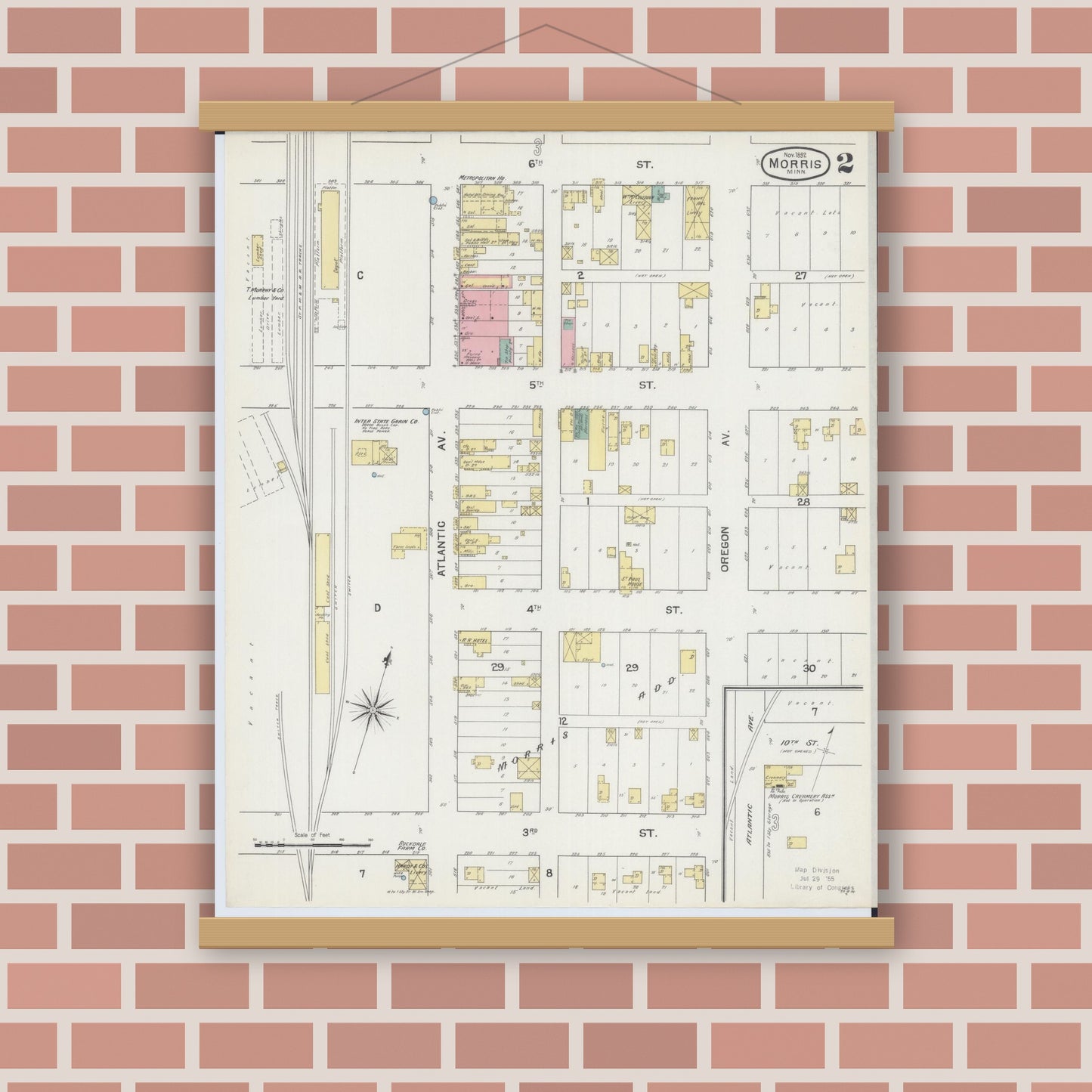 Old map wall art mockup — magnetic wood frame on brick wall — Sanborn Fire Insurance Map from Morris, Stevens County, Minnesota (1892), Sheet #0002