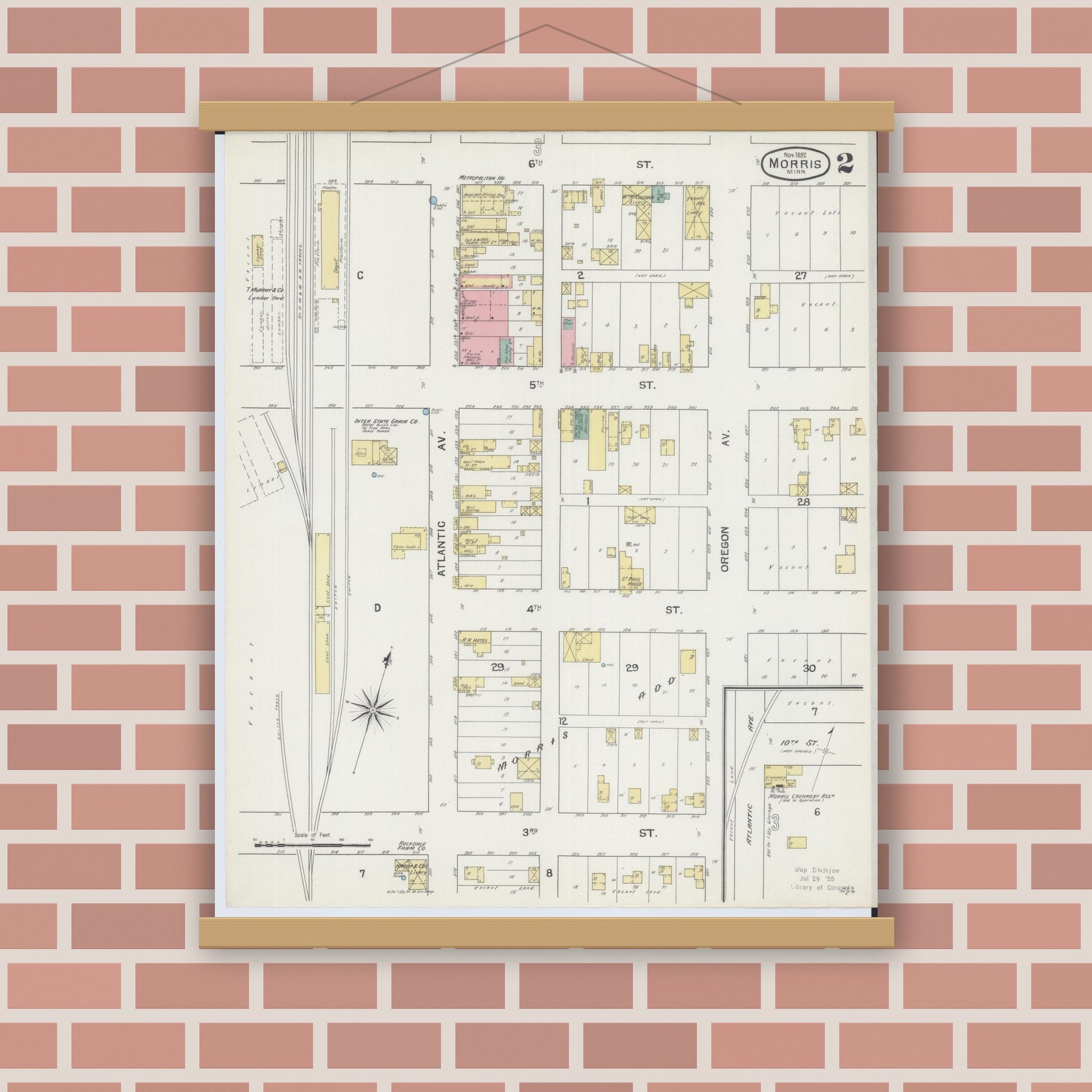 Old map wall art mockup — magnetic wood frame on brick wall — Sanborn Fire Insurance Map from Morris, Stevens County, Minnesota (1892), Sheet #0002
