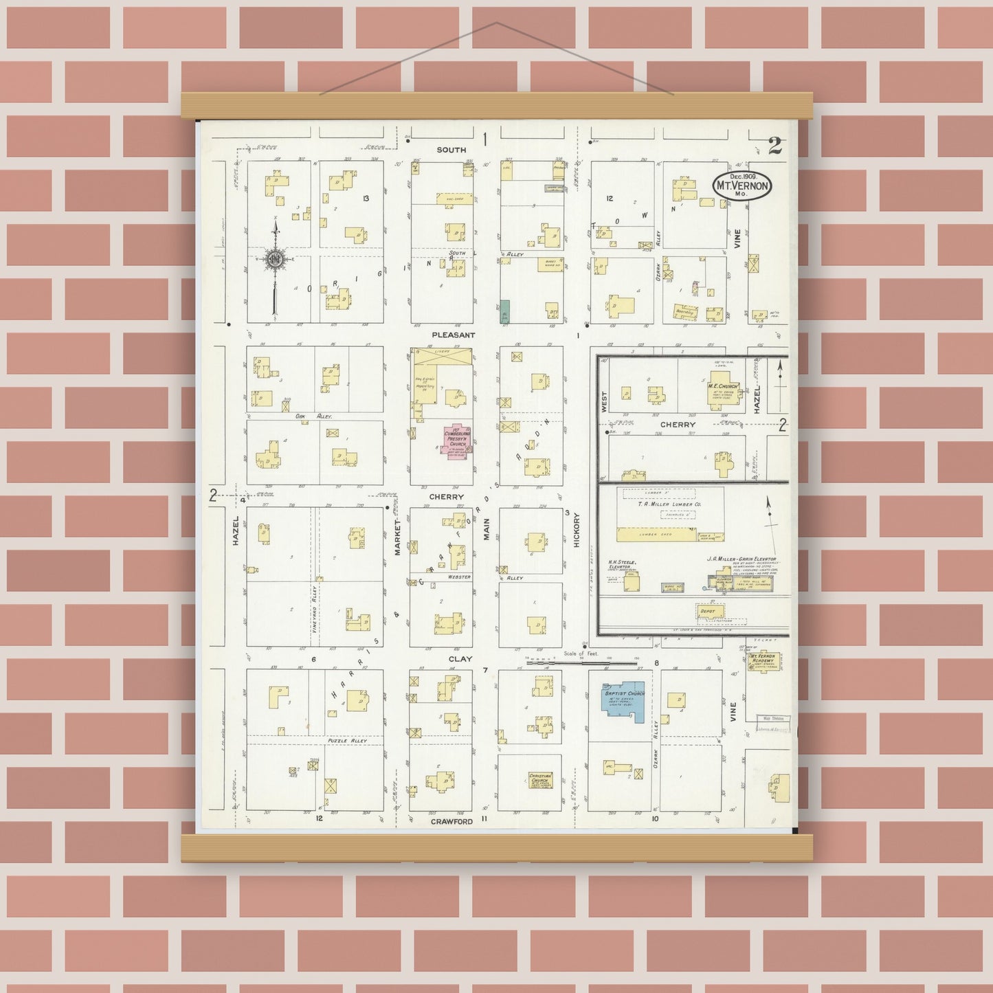 Old map wall art mockup — magnetic wood frame on brick wall — Sanborn Fire Insurance Map from Mount Vernon, Lawrence County, Missouri (1909), Sheet #0002