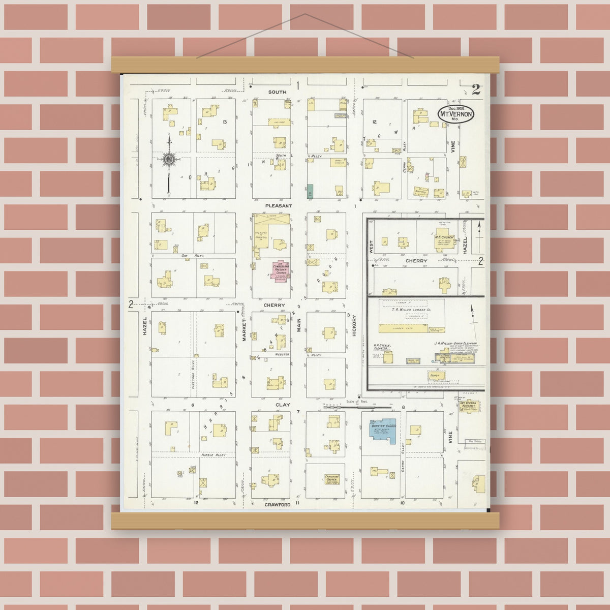 Old map wall art mockup — magnetic wood frame on brick wall — Sanborn Fire Insurance Map from Mount Vernon, Lawrence County, Missouri (1909), Sheet #0002
