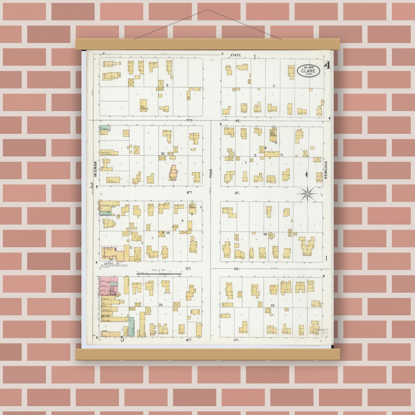 Old map wall art mockup — magnetic wood frame on brick wall — Sanborn Fire Insurance Map from Clare, Clare County, Michigan (1899), Sheet #0004