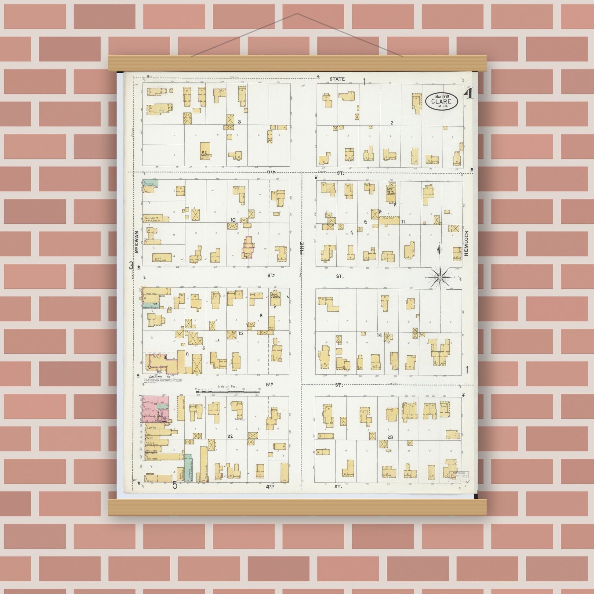 Old map wall art mockup — magnetic wood frame on brick wall — Sanborn Fire Insurance Map from Clare, Clare County, Michigan (1899), Sheet #0004