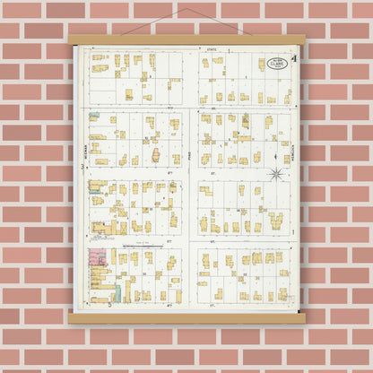 Old map wall art mockup — magnetic wood frame on brick wall — Sanborn Fire Insurance Map from Clare, Clare County, Michigan (1899), Sheet #0004