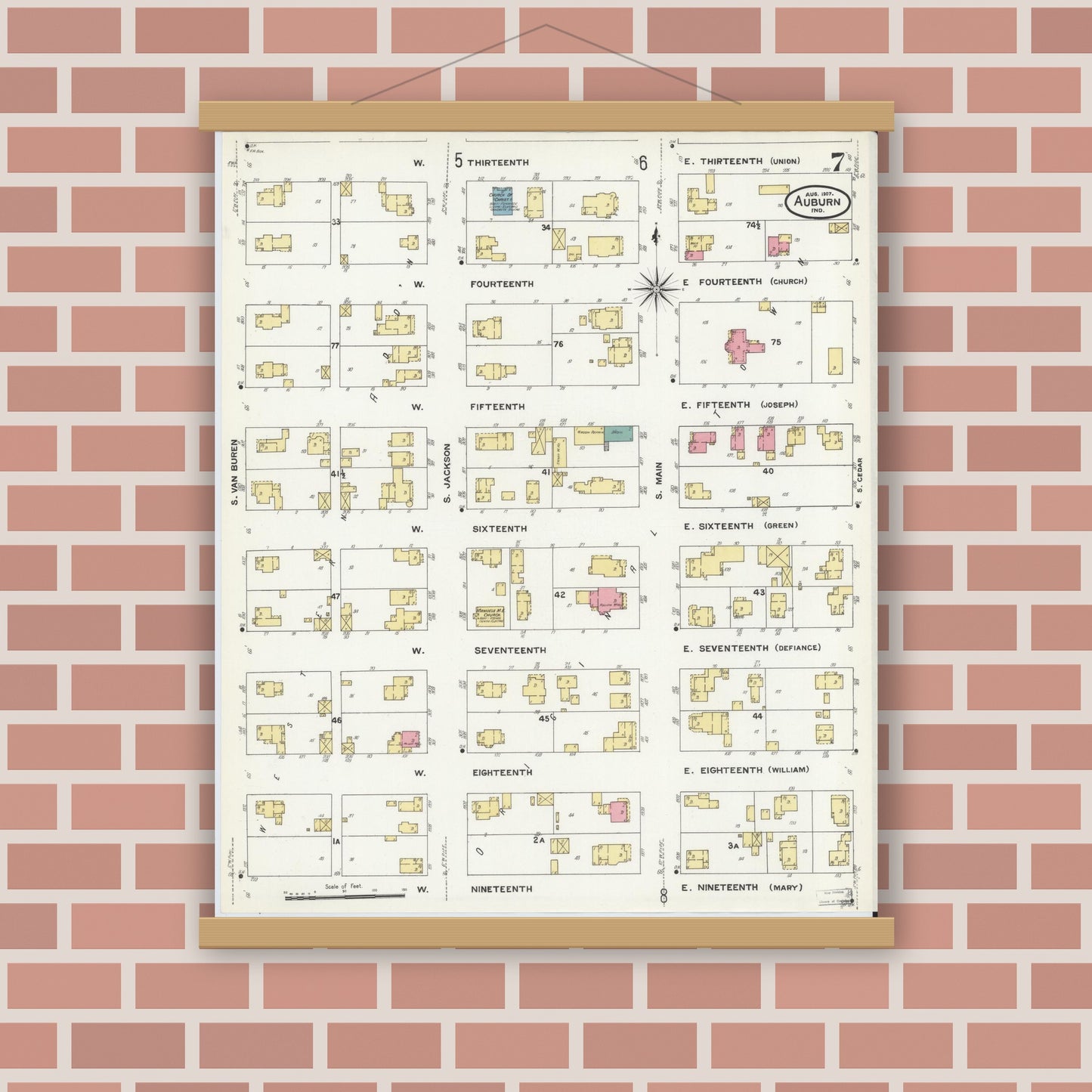 Old map wall art mockup — magnetic wood frame on brick wall — Sanborn Fire Insurance Map from Auburn, De Kalb County, Indiana (1907), Sheet #0007