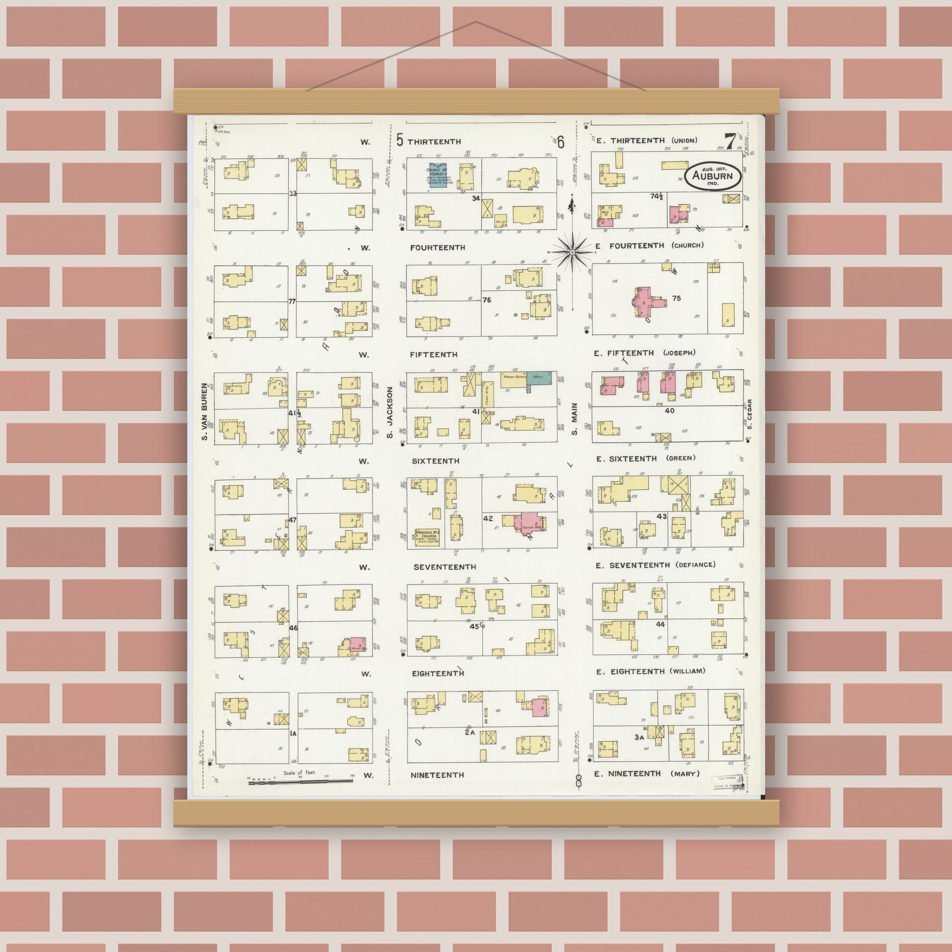 Old map wall art mockup — magnetic wood frame on brick wall — Sanborn Fire Insurance Map from Auburn, De Kalb County, Indiana (1907), Sheet #0007