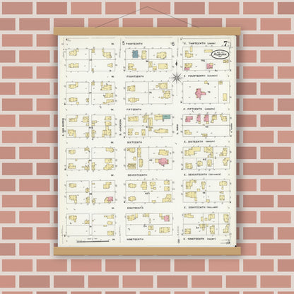 Old map wall art mockup — magnetic wood frame on brick wall — Sanborn Fire Insurance Map from Auburn, De Kalb County, Indiana (1907), Sheet #0007