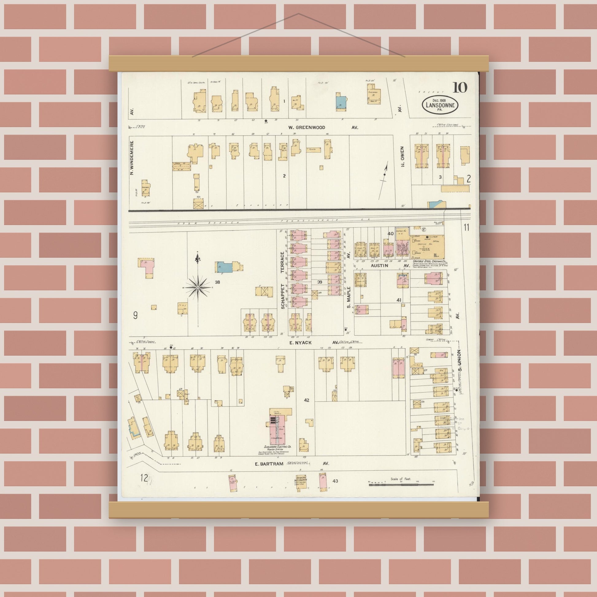 Old map wall art mockup — magnetic wood frame on brick wall — Sanborn Fire Insurance Map from Lansdowne, Delaware County, Pennsylvania (1908), Sheet #0010