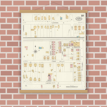 Old map wall art mockup — magnetic wood frame on brick wall — Sanborn Fire Insurance Map from Lansdowne, Delaware County, Pennsylvania (1908), Sheet #0010