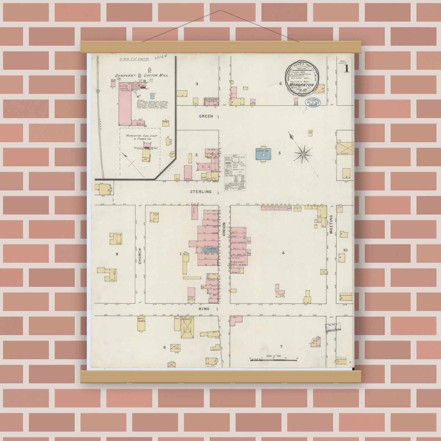Old map wall art mockup — magnetic wood frame on brick wall — Sanborn Fire Insurance Map from Morganton, Burke County, North Carolina (1894), Sheet #0001