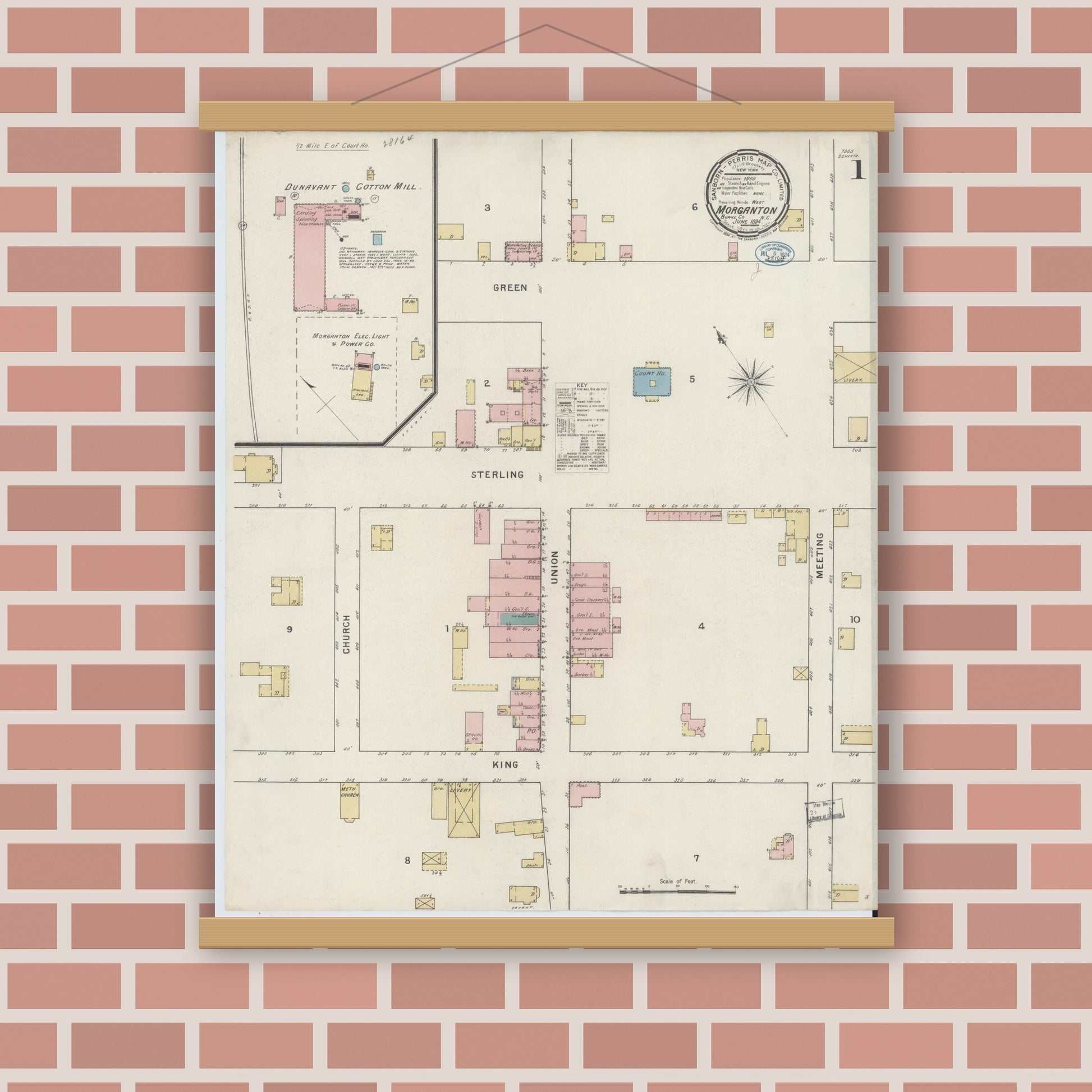 Old map wall art mockup — magnetic wood frame on brick wall — Sanborn Fire Insurance Map from Morganton, Burke County, North Carolina (1894), Sheet #0001