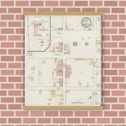 Old map wall art mockup — magnetic wood frame on brick wall — Sanborn Fire Insurance Map from Morganton, Burke County, North Carolina (1894), Sheet #0001