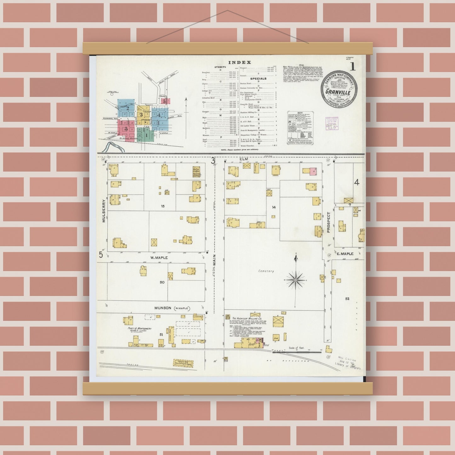 Old map wall art mockup — magnetic wood frame on brick wall — Sanborn Fire Insurance Map from Granville, Licking County, Ohio (1905), Sheet #0001