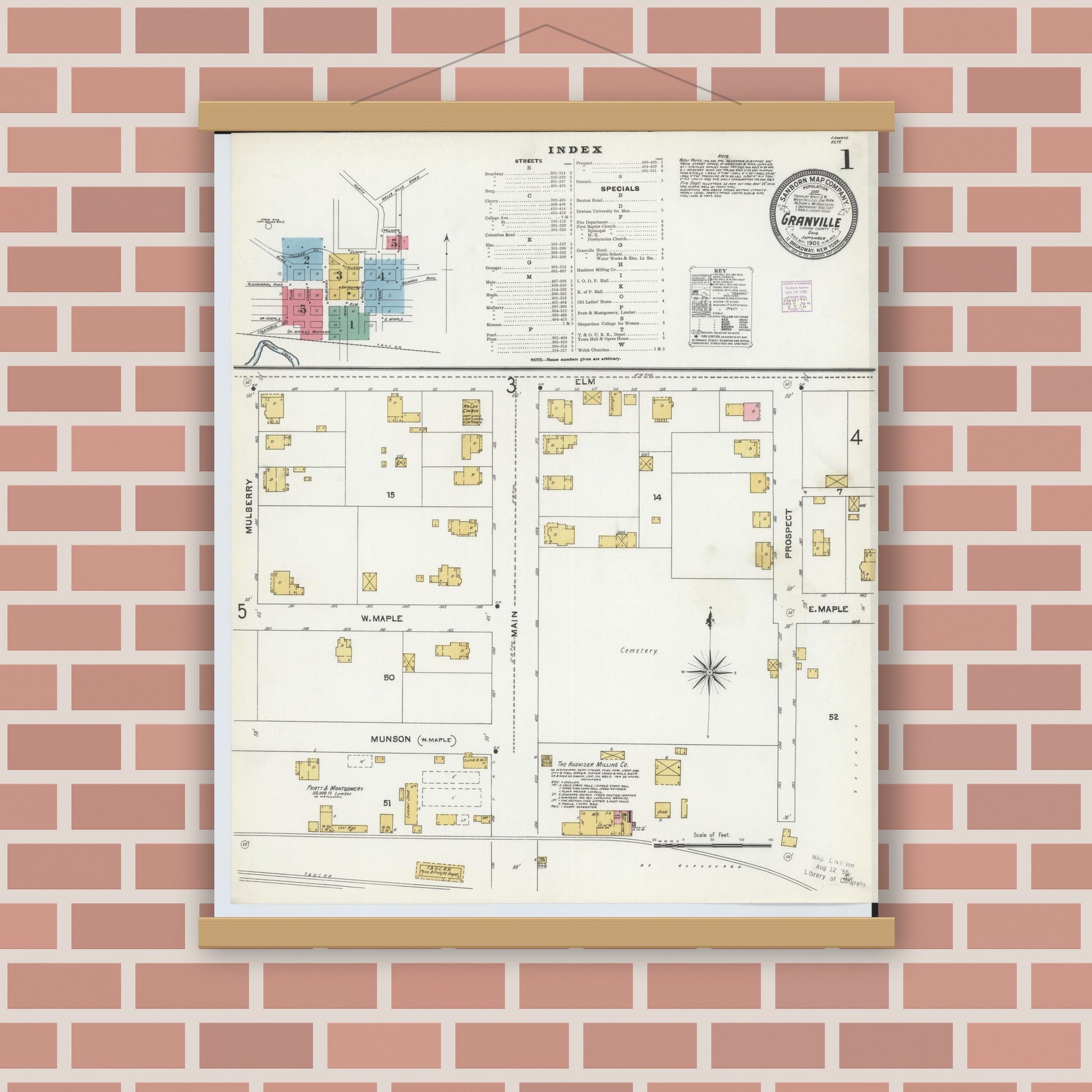 Old map wall art mockup — magnetic wood frame on brick wall — Sanborn Fire Insurance Map from Granville, Licking County, Ohio (1905), Sheet #0001
