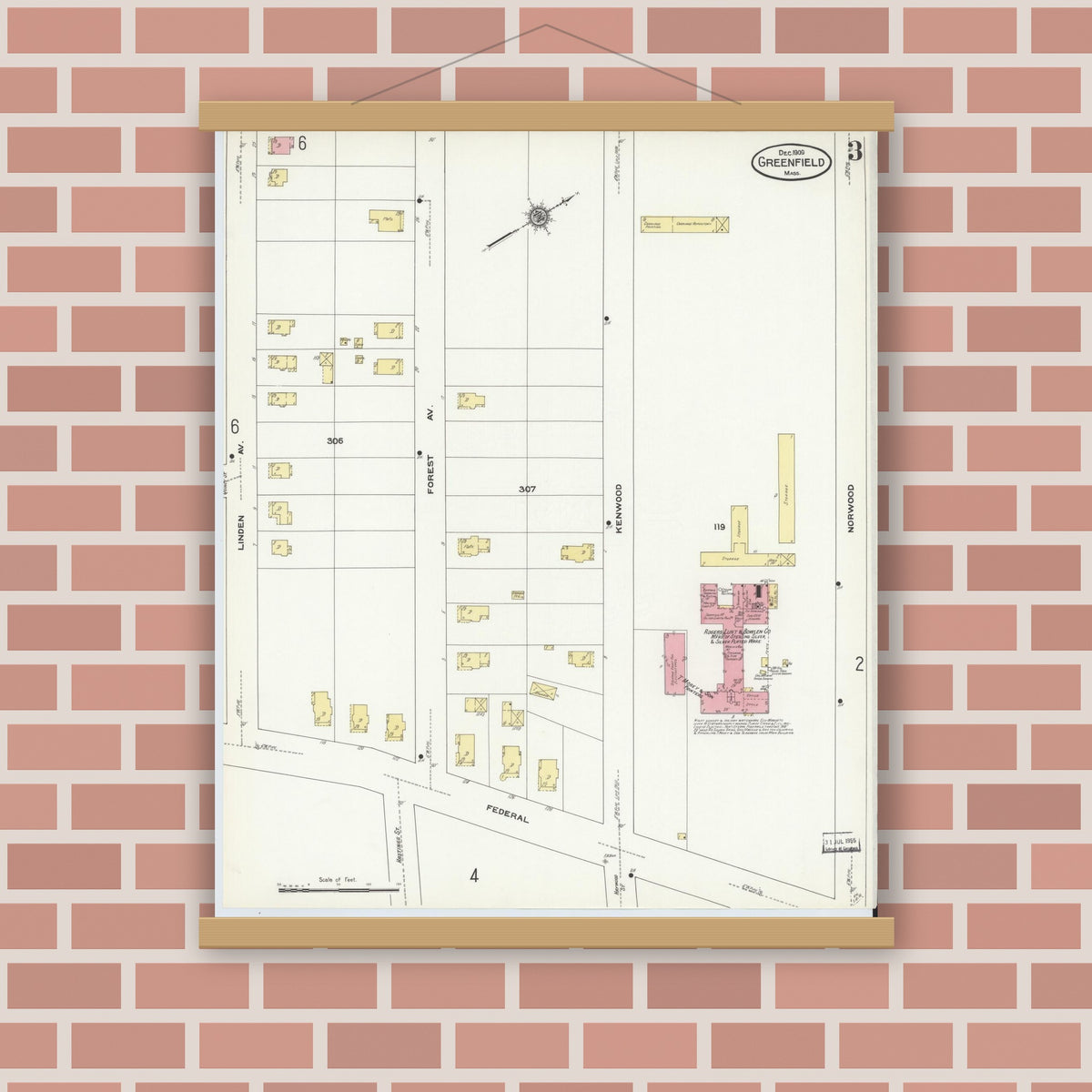 Old map wall art mockup — magnetic wood frame on brick wall — Sanborn Fire Insurance Map from Greenfield, Franklin County, Massachusetts (1909), Sheet #0003