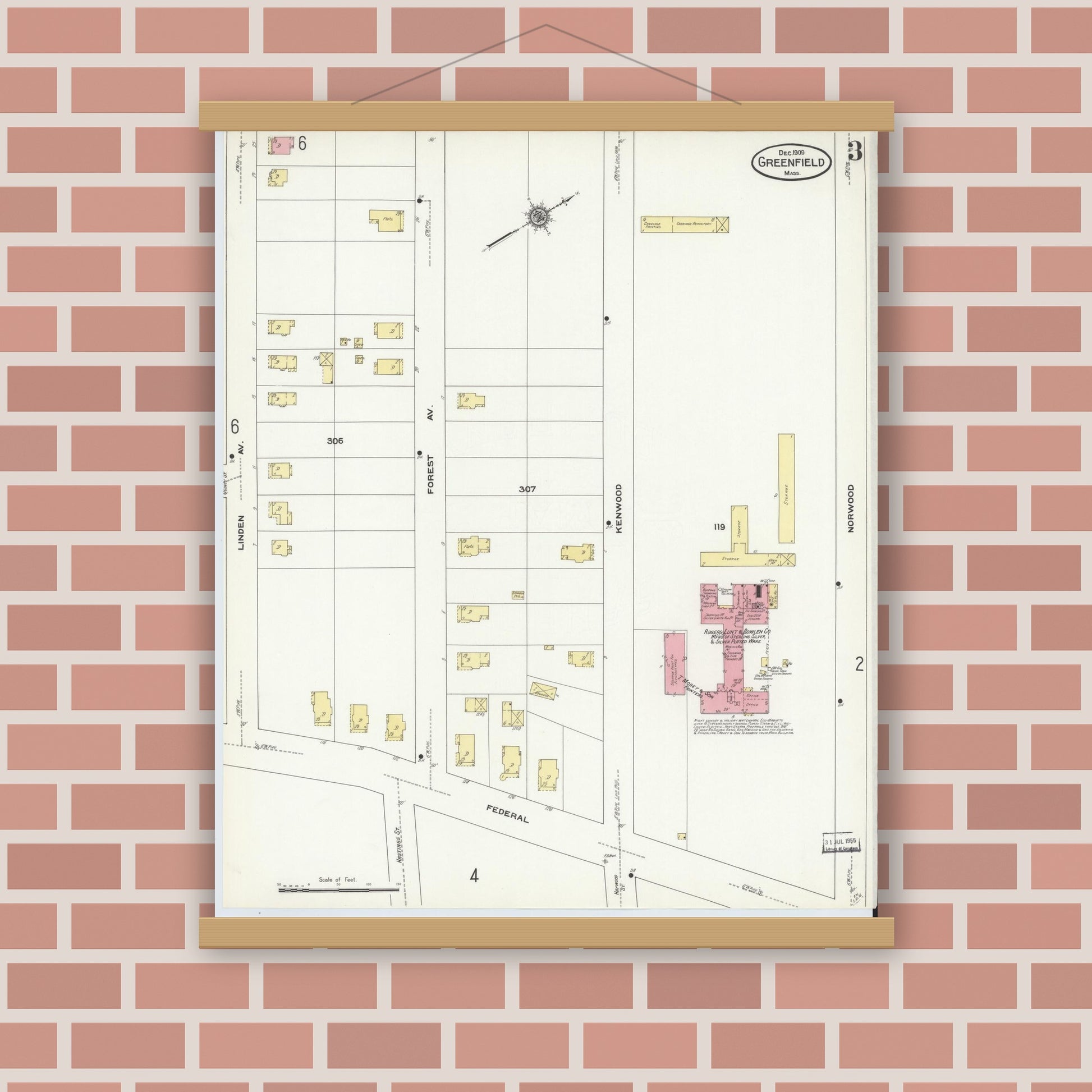 Old map wall art mockup — magnetic wood frame on brick wall — Sanborn Fire Insurance Map from Greenfield, Franklin County, Massachusetts (1909), Sheet #0003