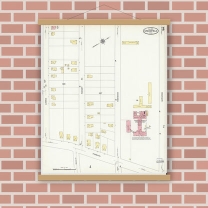 Old map wall art mockup — magnetic wood frame on brick wall — Sanborn Fire Insurance Map from Greenfield, Franklin County, Massachusetts (1909), Sheet #0003