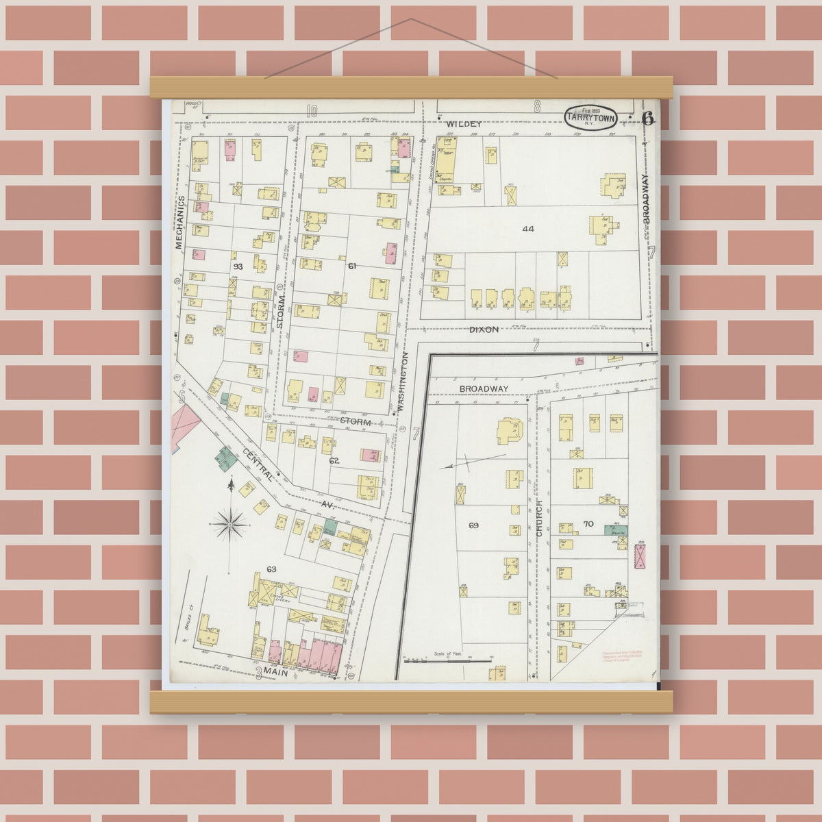 Old map wall art mockup — magnetic wood frame on brick wall — Sanborn Fire Insurance Map from Tarrytown, Westchester County, New York (1893), Sheet #0006