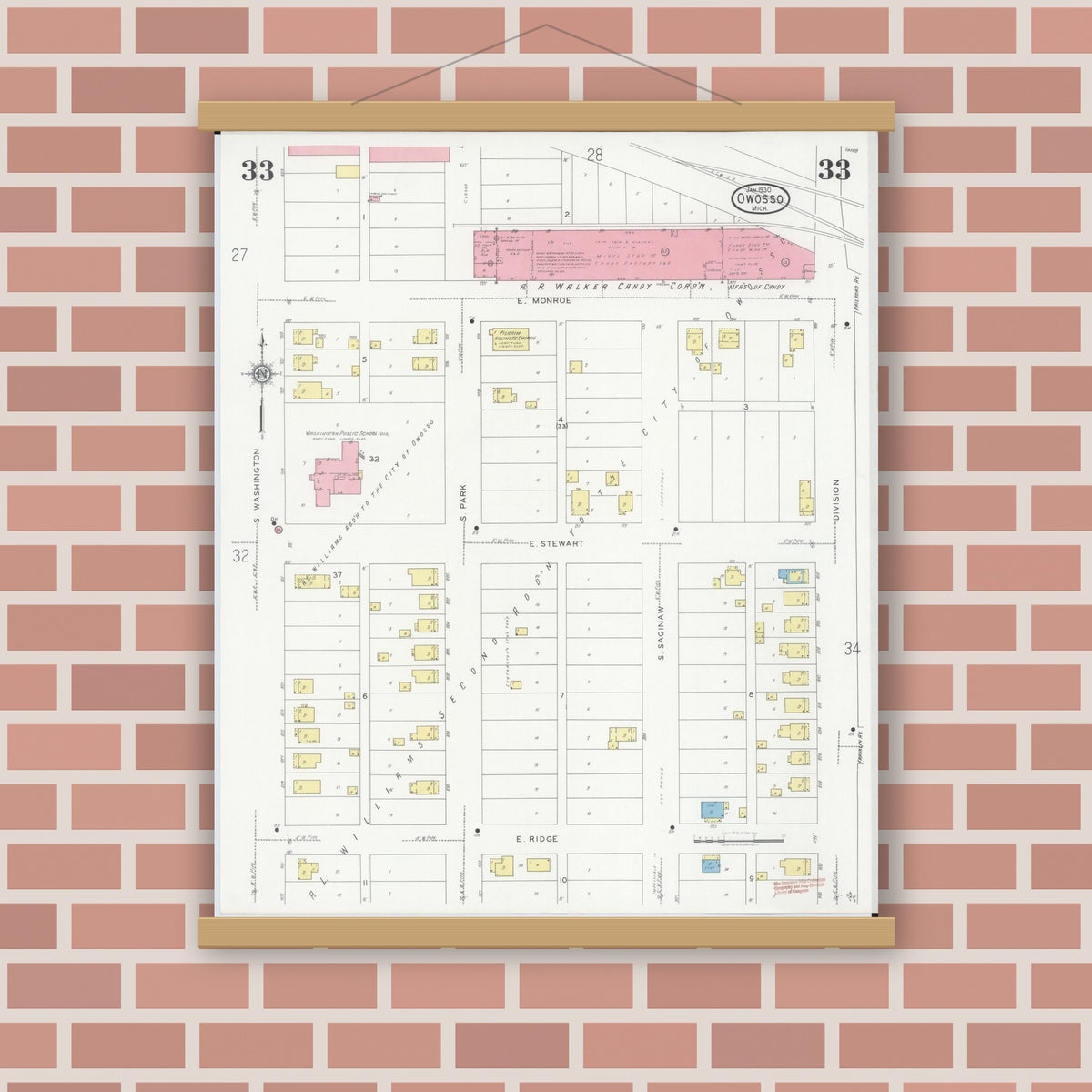 Old map wall art mockup — magnetic wood frame on brick wall — Sanborn Fire Insurance Map from Owosso, Shiawassee County, Michigan (1930), Sheet #0033